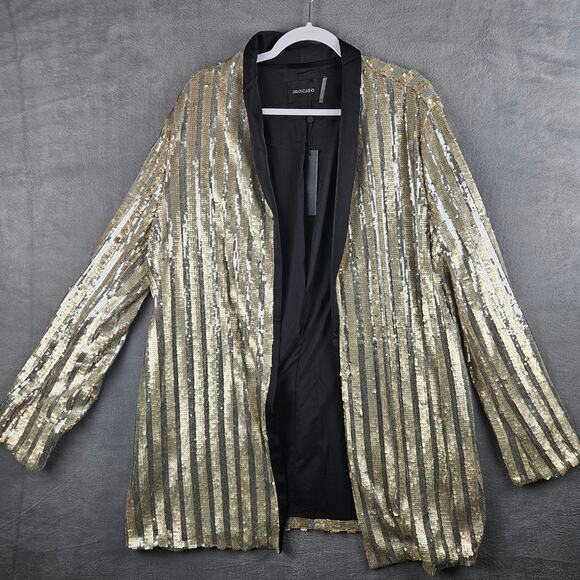 Dolce Cabo Gold Stripe Sequin Open Front Jacket Glam NYE Holiday Party Blazer - Picture 1 of 8